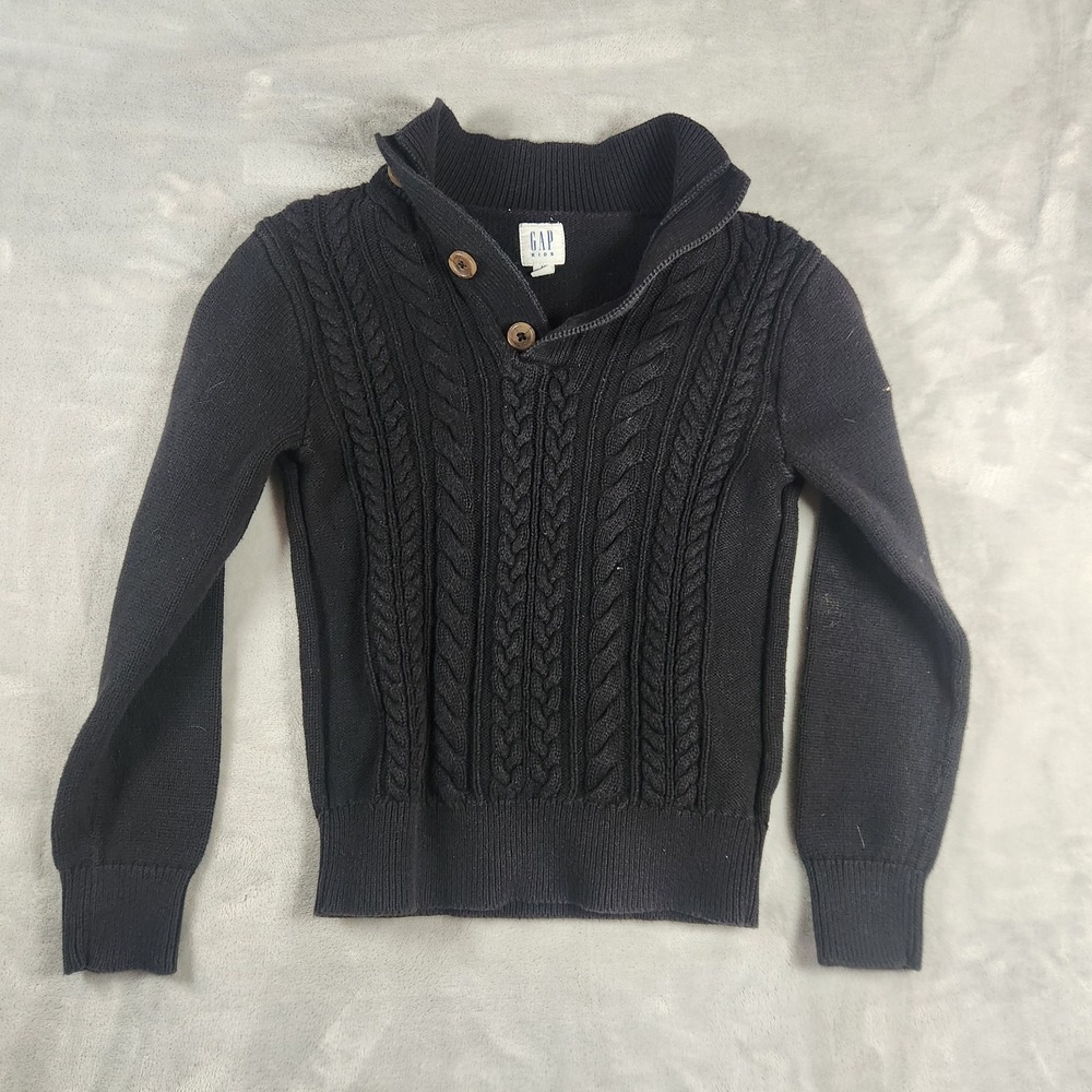 Gap Kids Cable Knit Henley Pullover Cotton Sweater Sz 8 Medium Black Cozy Preppy